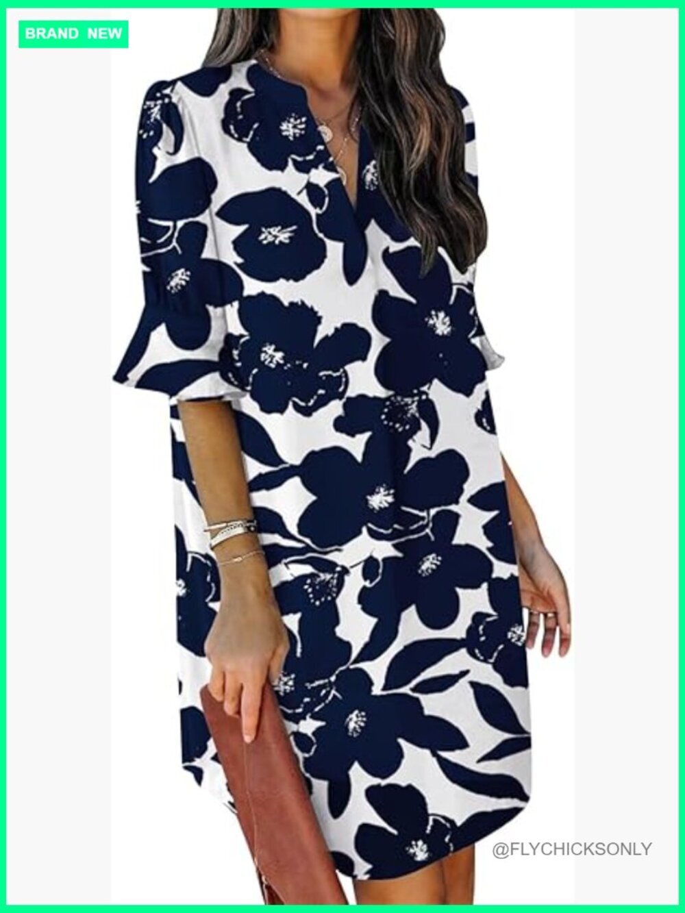 Polyester V-Neck Ruffle Short Sleeve Casual Shift Dress